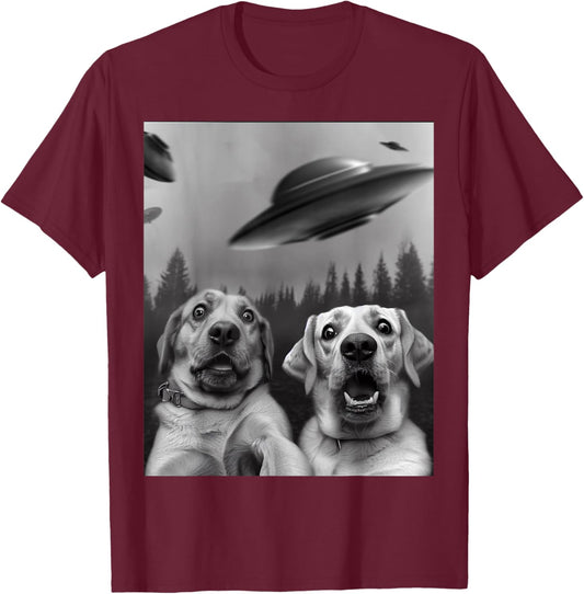 "Labrador Selfie" Funny Two Scaredy-Dogs and UFOs in Forest T-Shirt - T-Shirt | Maroon