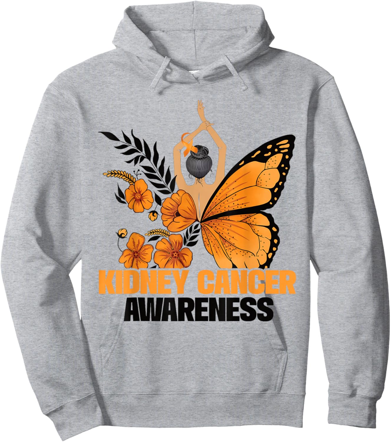Kidney Cancer Awareness Butterfly Orange Ribbon Hoodie - Hoodie | Ash