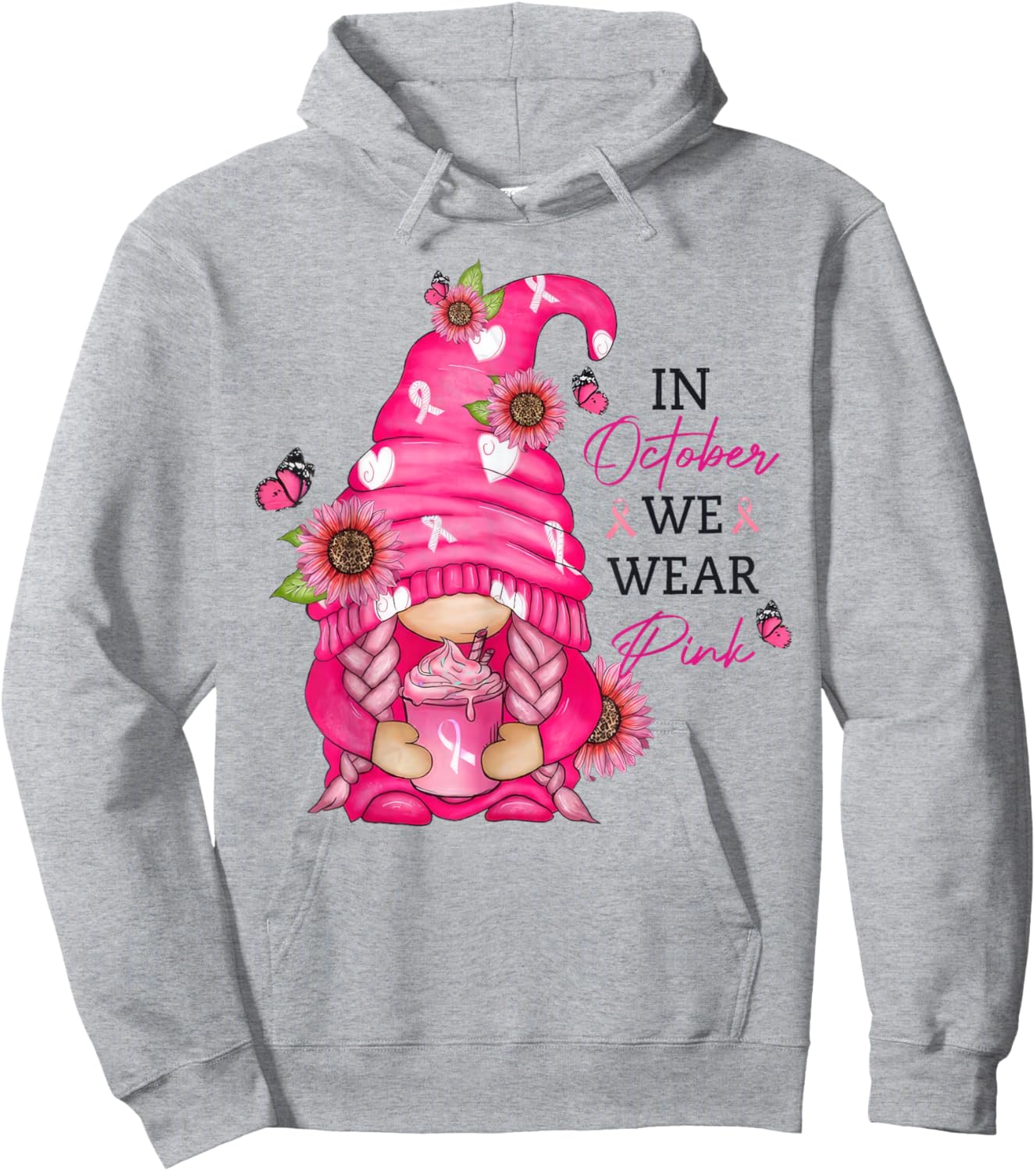 In October We Wear Pink Gnome Breast Cancer Hoodie - Hoodie | Ash