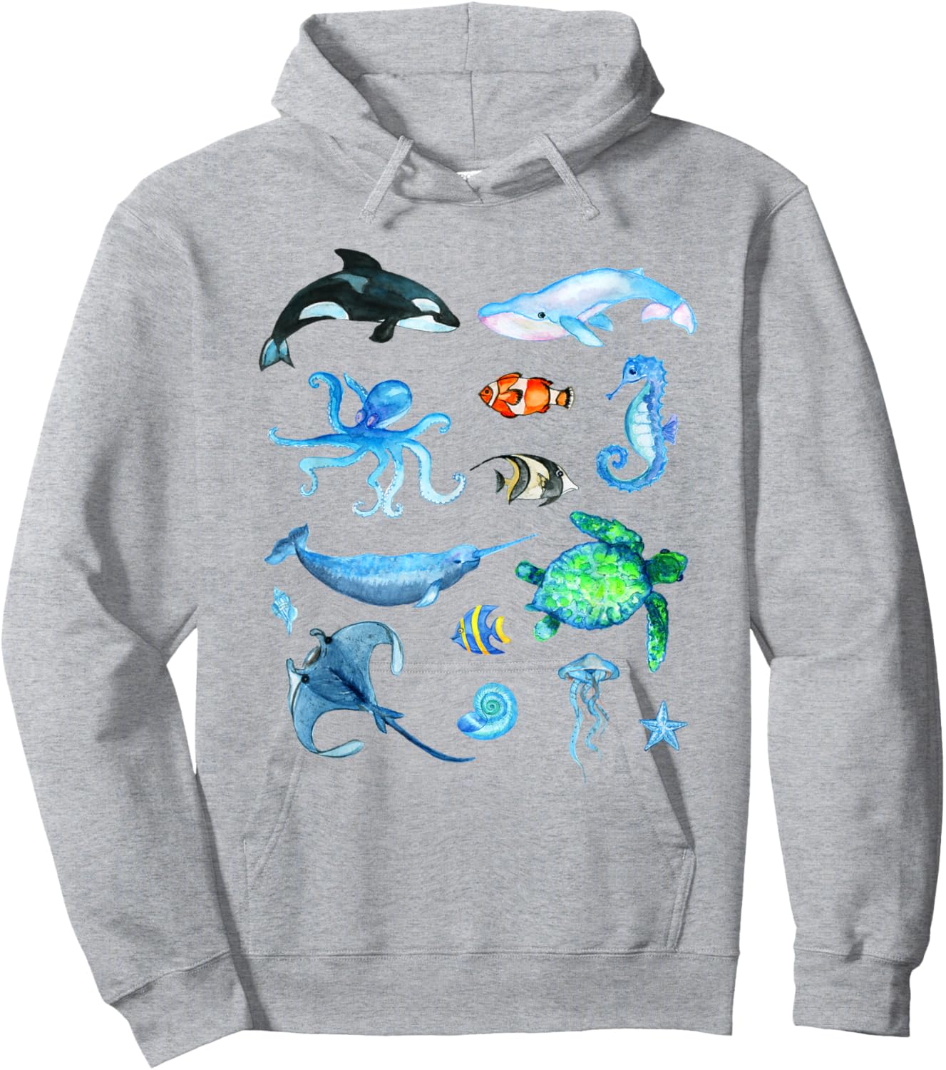 Watercolor Sea Animals Kids Ocean Wildlife Hoodie - Hoodie | Ash