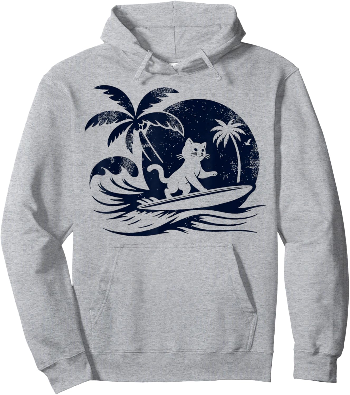 Cat Surfing Wave at Tropical Ocean Vintage Surf Hoodie - Hoodie | Ash