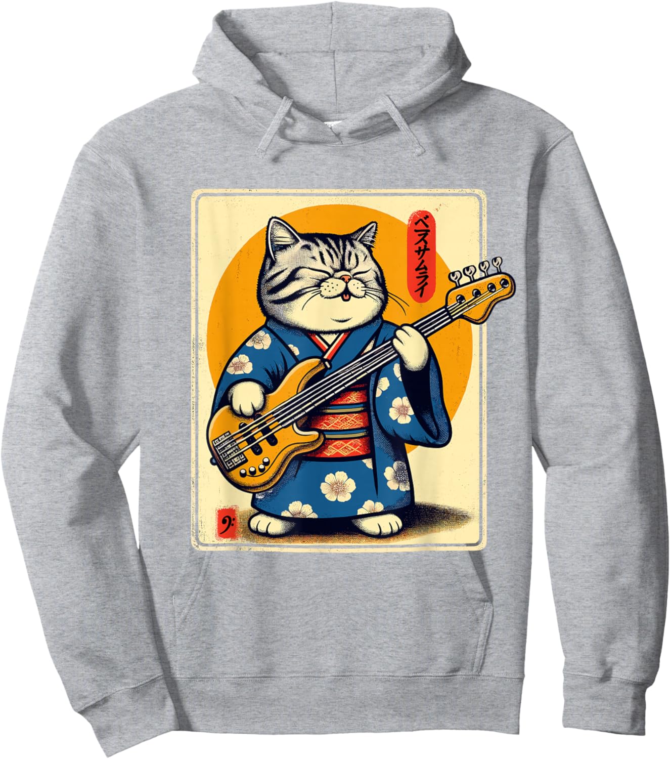 Japanese Samurai Cat Playing Bass Hoodie - Hoodie | Ash
