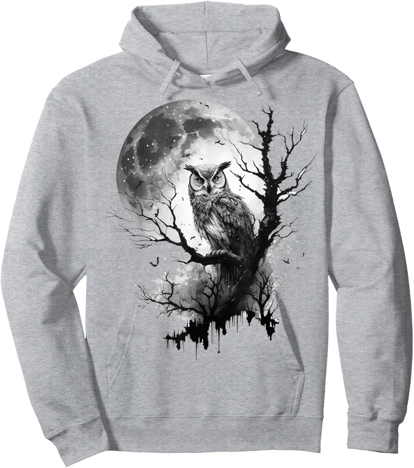 Owl Moon Tree Animal Print Art Animal Lover Owl Hoodie - Hoodie | Ash