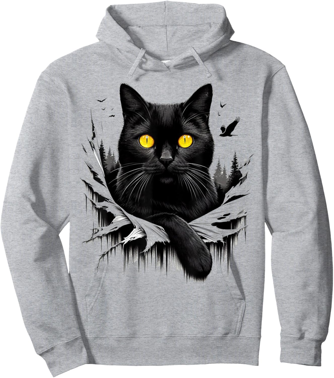 Black Cat Torn Cloth - Black Cat Yellow Eyes Hoodie - Hoodie | Ash