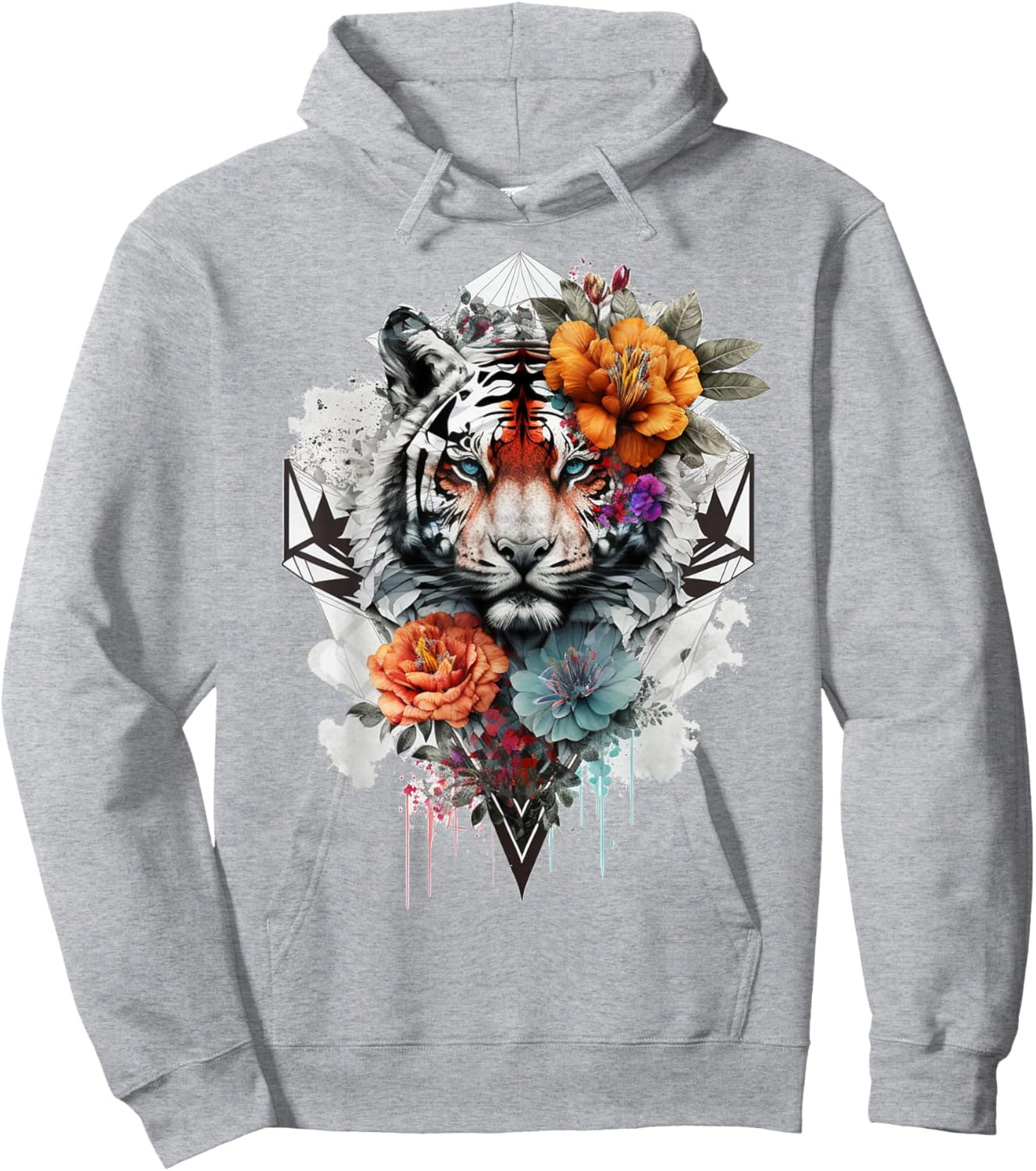 Tiger Flowers Blue Eyes Animal Print Art Tiger Hoodie - Hoodie | Ash