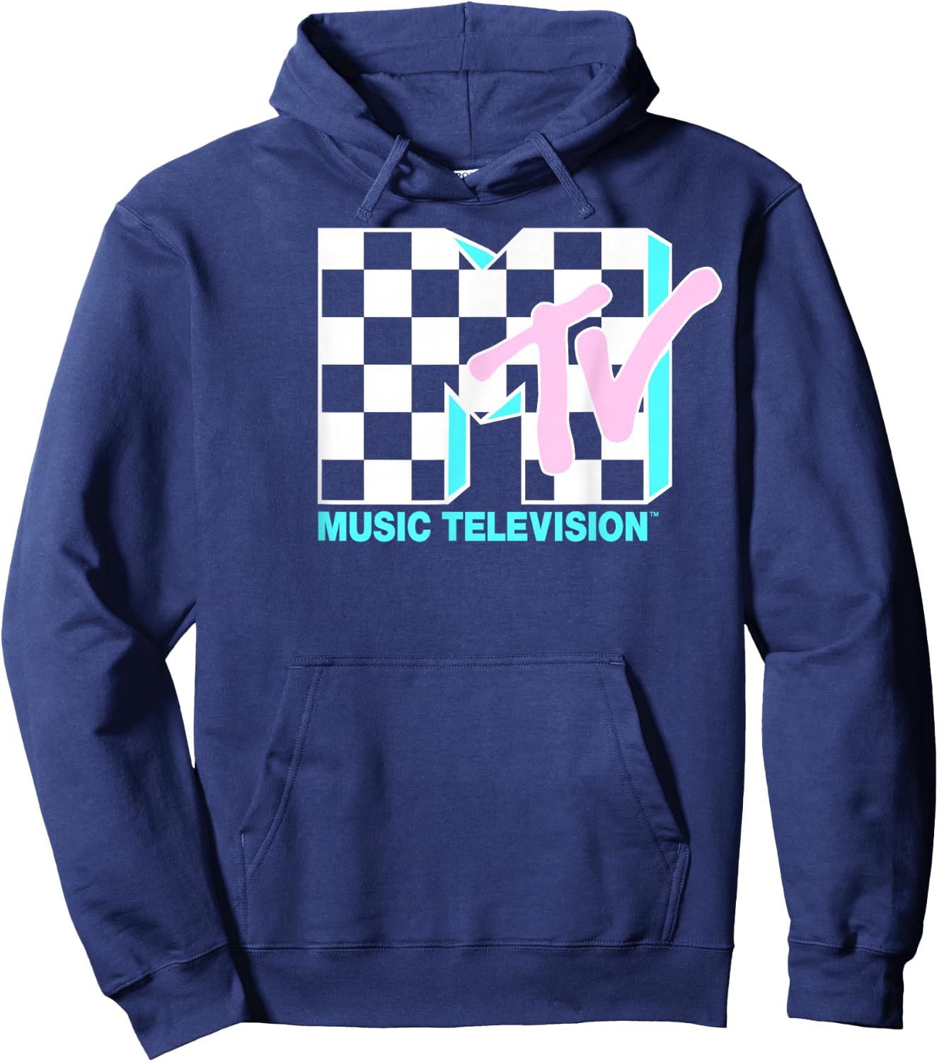 MTV Neon Checkered Logo Graphic Hoodie - Hoodie | Navy