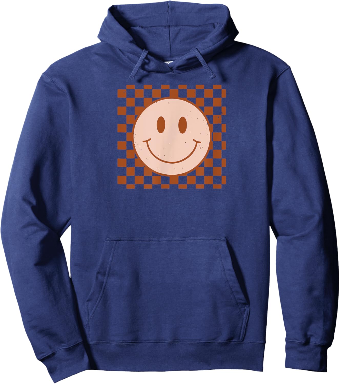 Retro Happy Face Smile Face Checkered Pattern Hoodie - Hoodie | Navy