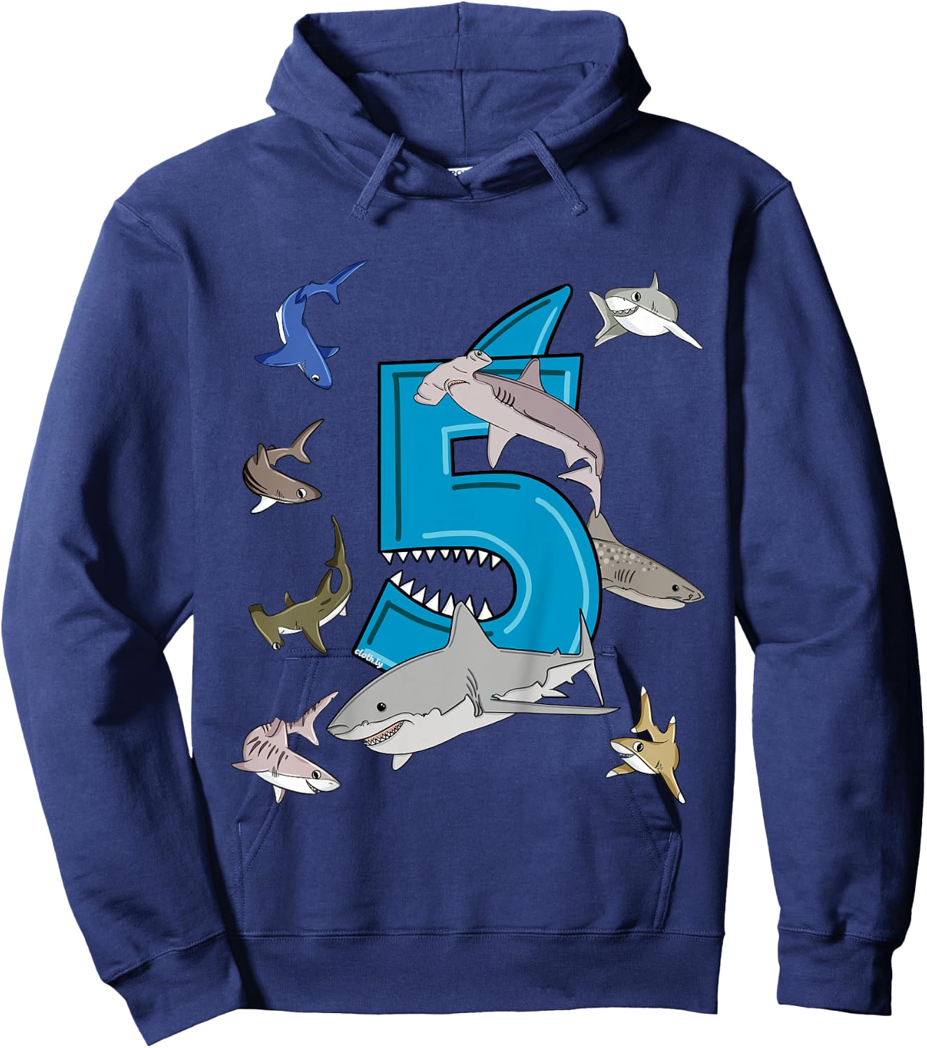 5th Birthday boys shark white shark Hoodie - Hoodie | Navy