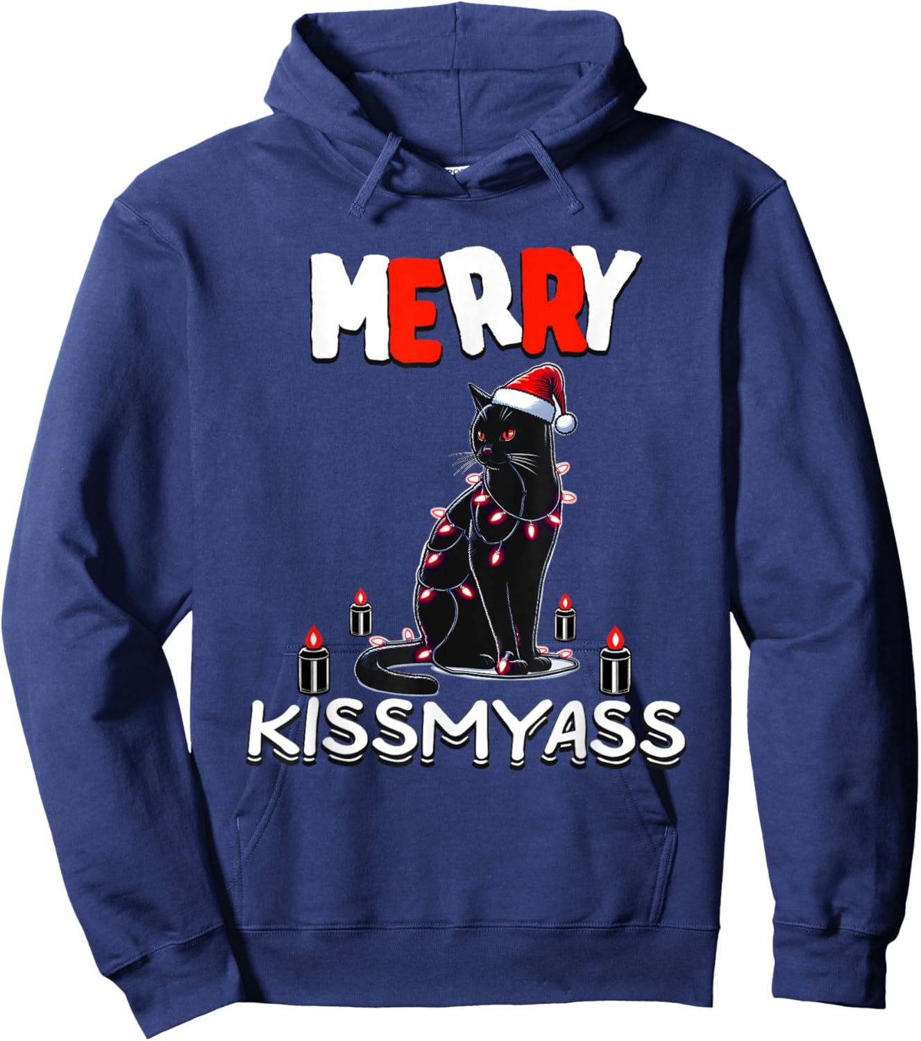 Xmas Christmas Funny Black Cat Merry Kissmyass Hoodie - Hoodie | Navy