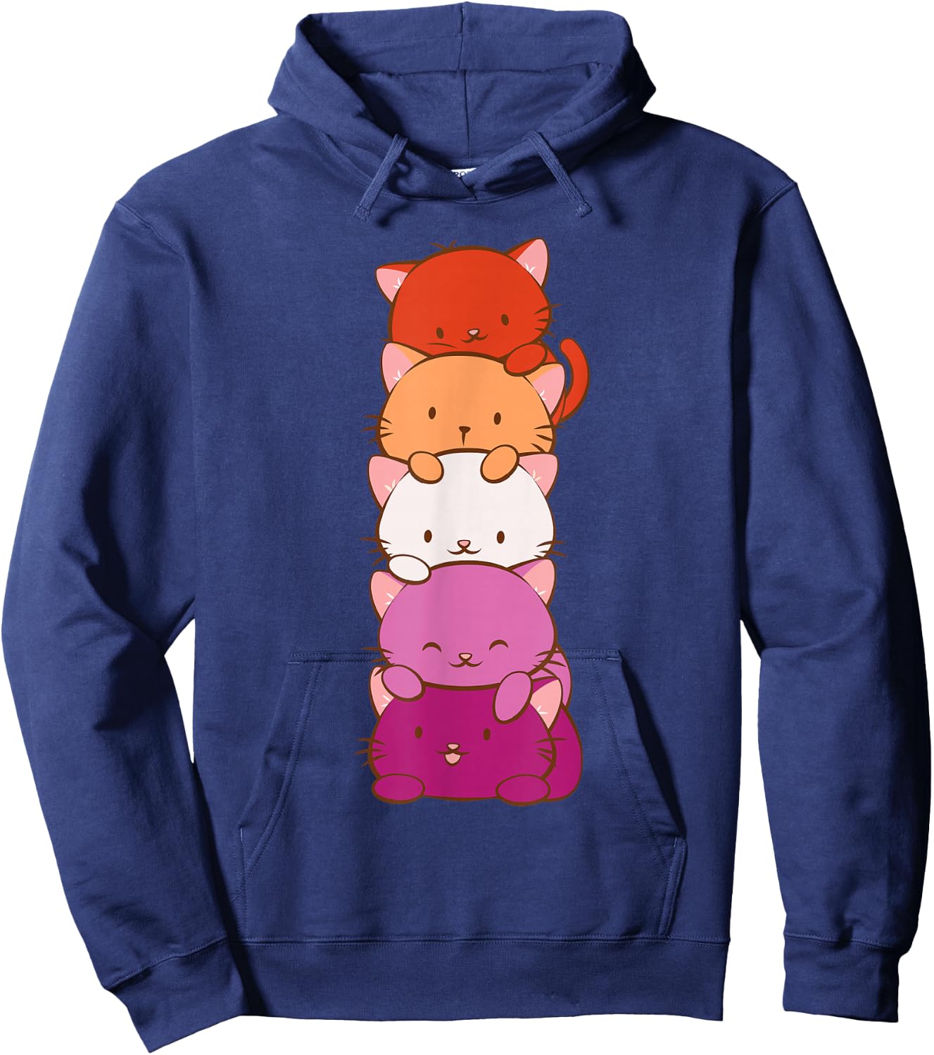 Orange Pink Lesbian Pride Flag Cute Kawaii Cat Hoodie - Hoodie | Navy