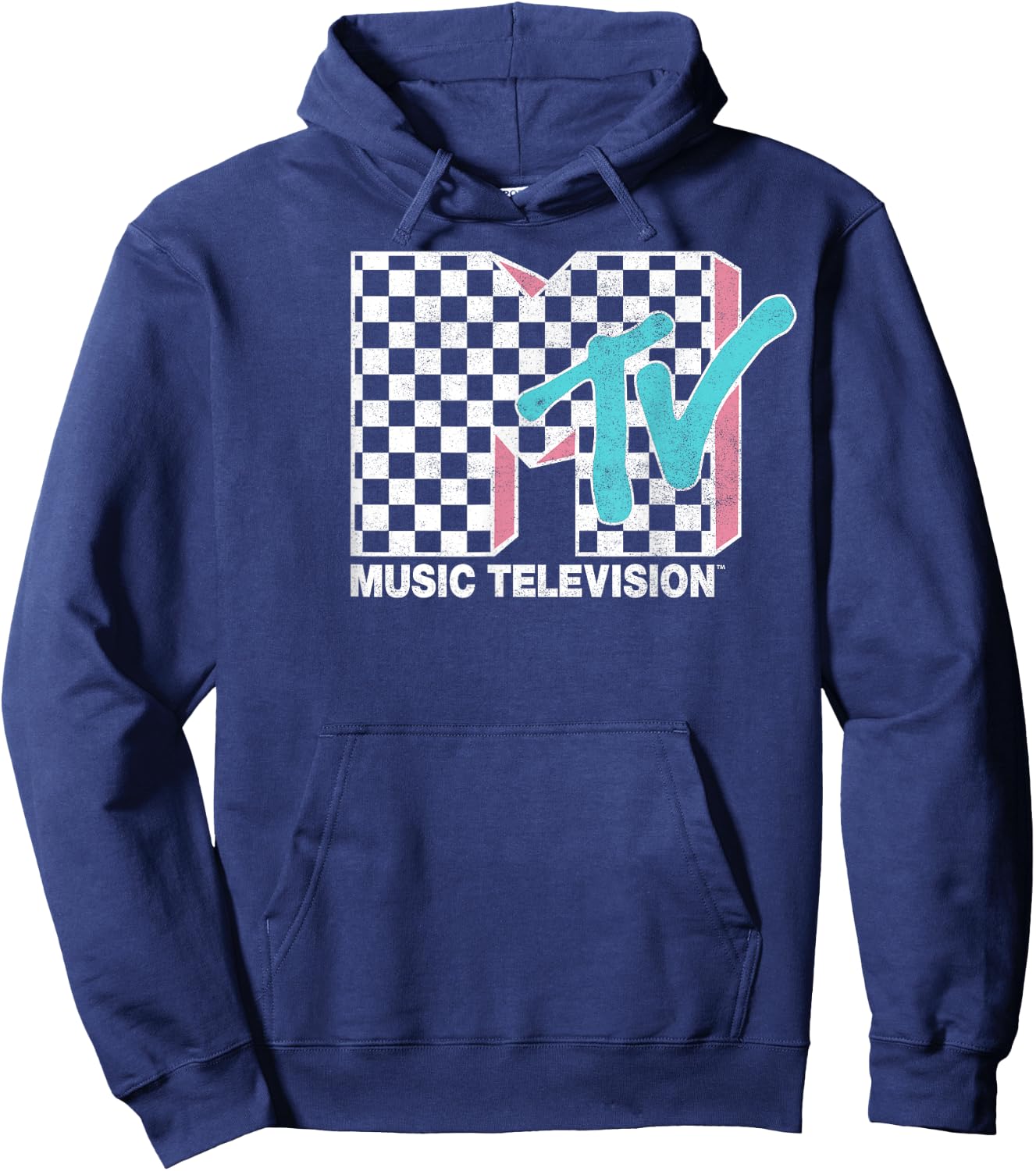 MTV Neon Distressed Checkered Logo Graphic Hoodie - Hoodie | Navy