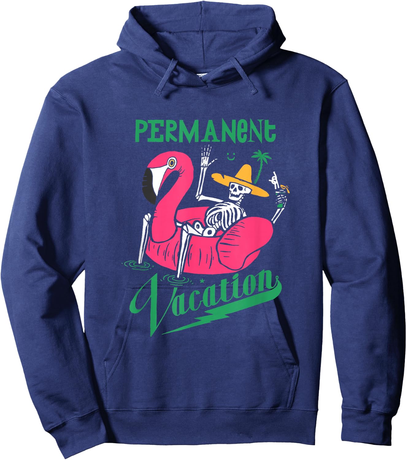 Skeleton on Pool Flamingo. Permanent Vacation Hoodie - Hoodie | Navy