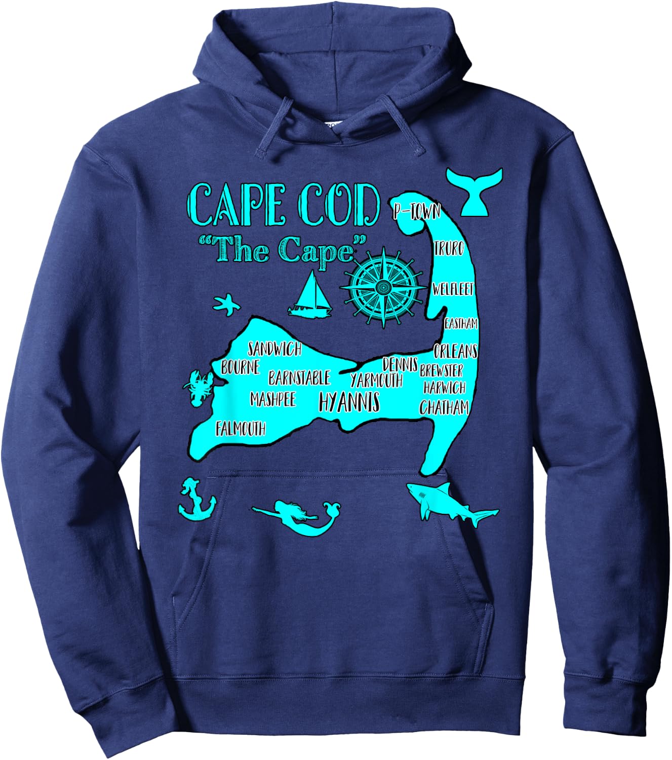 Cape Cod Aqua Blue Nautical Symbols Fish Map Hoodie - Hoodie | Navy