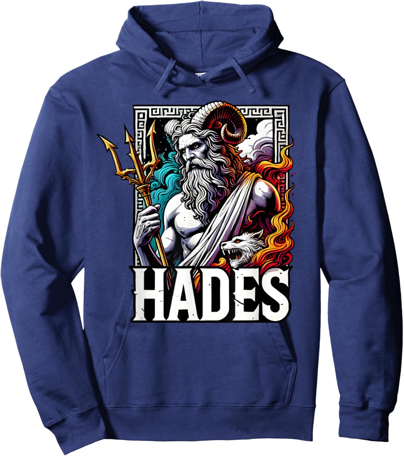 Mythology Greece Gods and Legends Hades Ancient Greek God Of The Underworld Cerberus -Adults and Kids Black Small Modern Letter Print Pull On Short Sleeve Hoodie - Hoodie | Navy