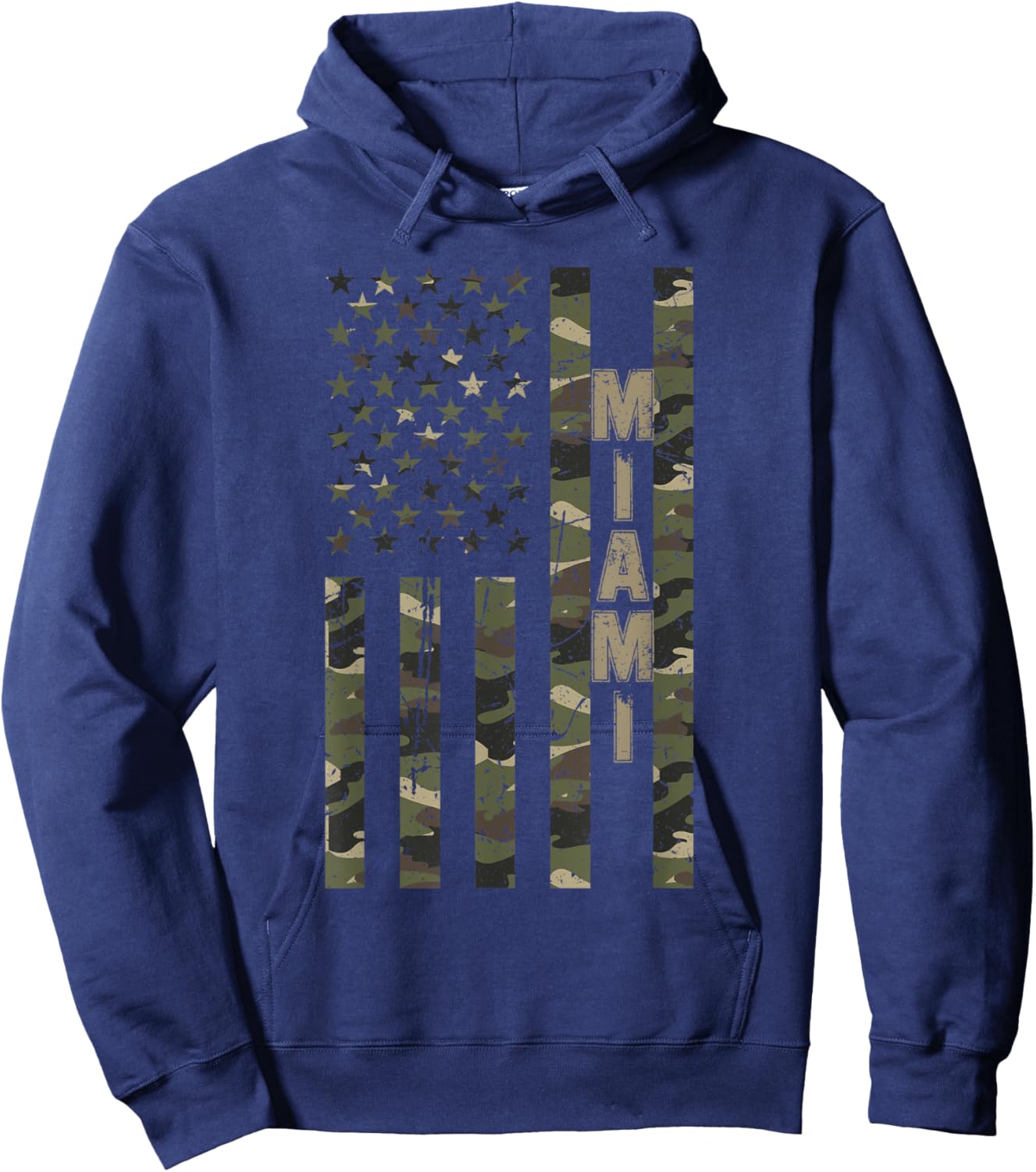 Miami United States Distressed Camo w US Flag Hoodie - Hoodie | Navy