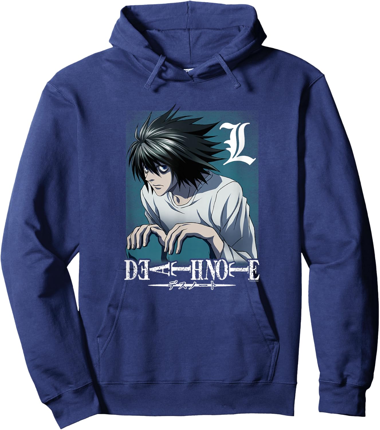 Death Note L Crouching with Logo Anime Hoodie - Hoodie | Navy