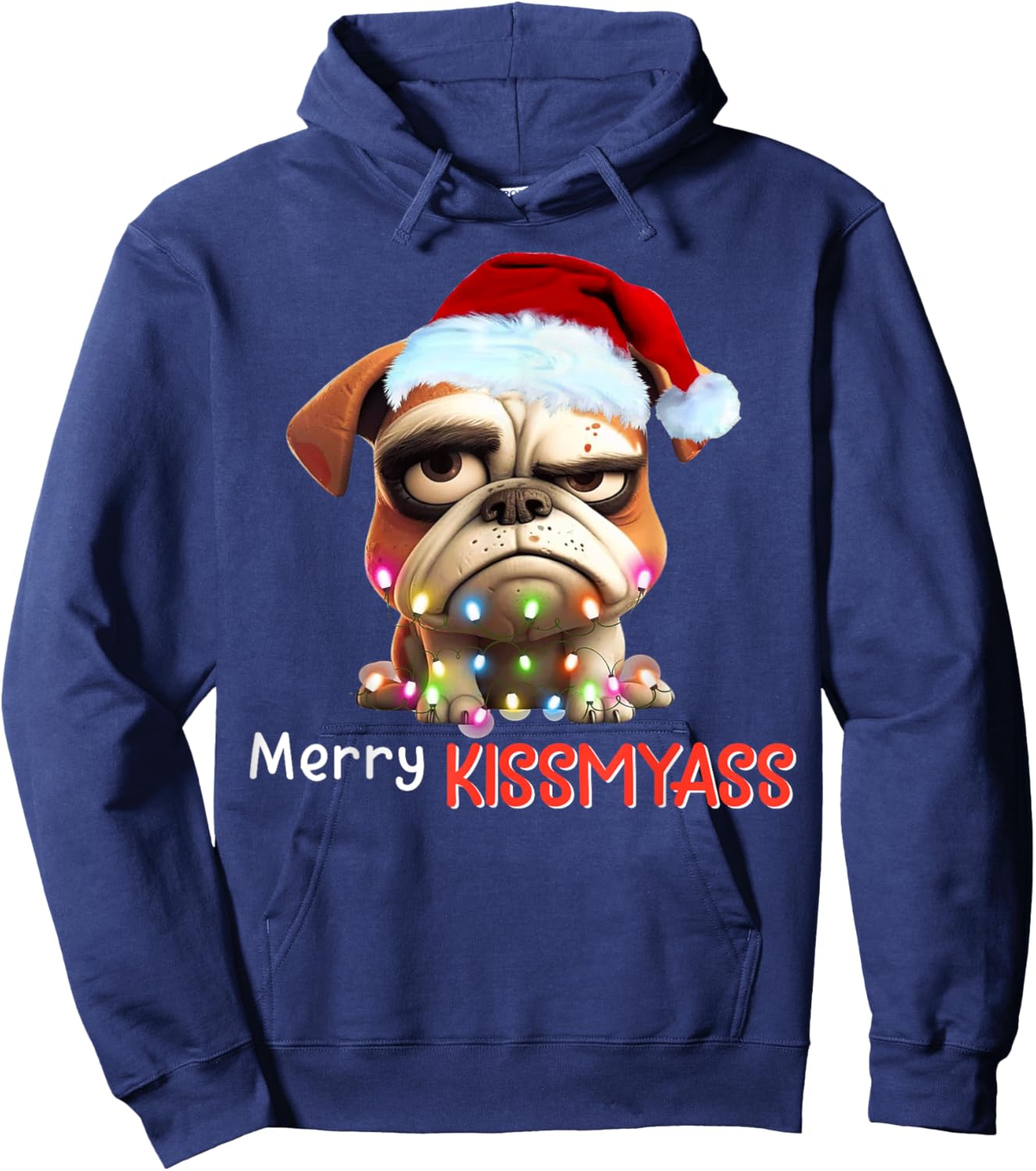 Merry Kissmyass Funny Pug Santa Christmas Light Hoodie - Hoodie | Navy