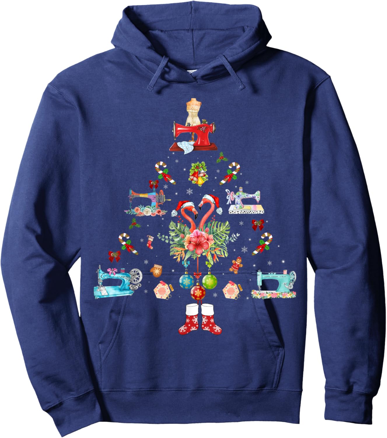 Flamingo Quilting Machine Christmas Hoodie - Hoodie | Navy