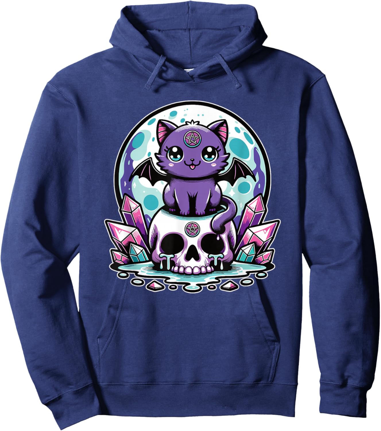 Kawaii Pastel Goth Cute Creepy Cat Bat Skeleton Hoodie - Hoodie | Navy