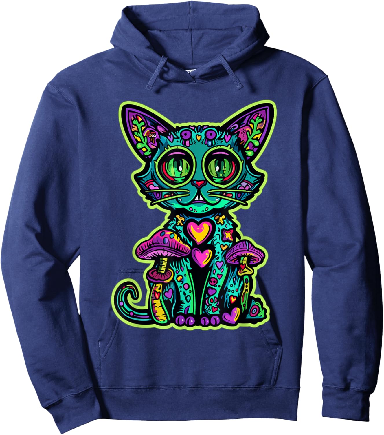 Psychedelic Cat Mushroom Art EDM Rave Men Women Hoodie - Hoodie | Navy
