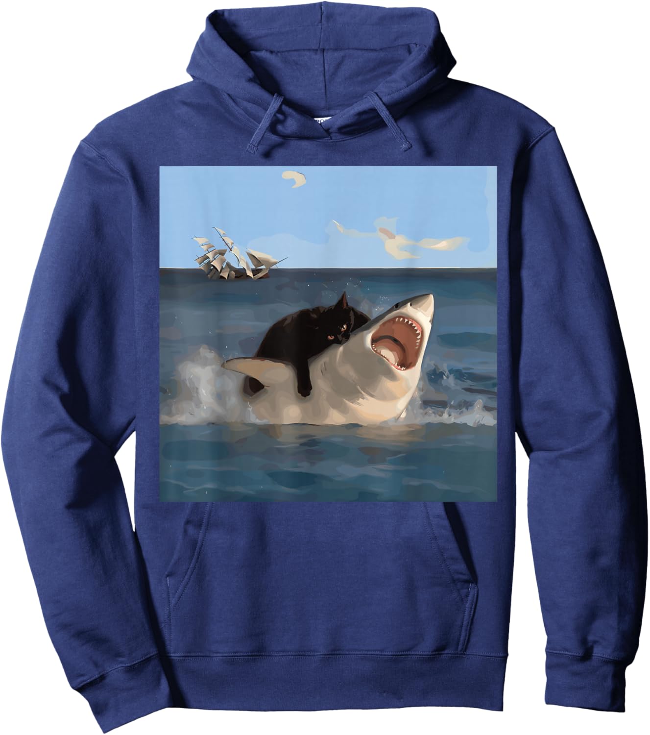 Funny Shark Biting Cat and Shark , Black, S Hoodie - Hoodie | Navy