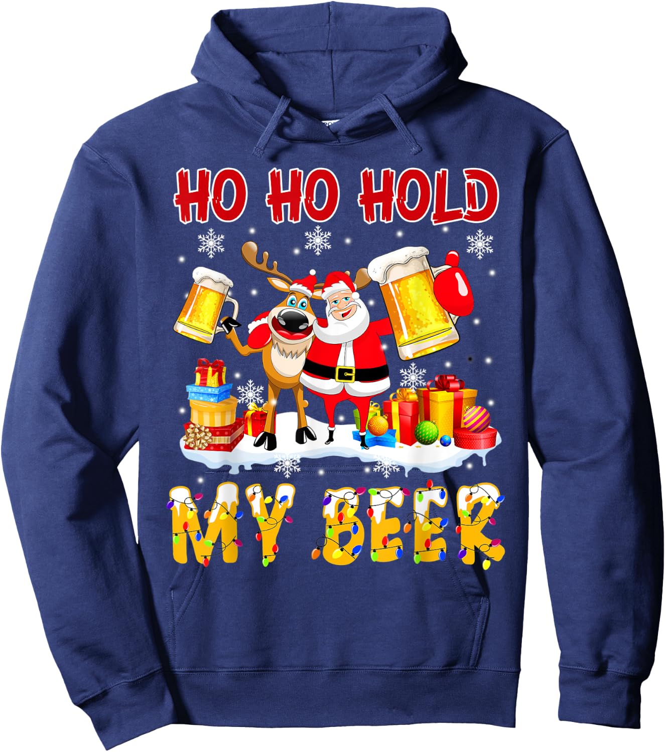 Ho Ho Hold My Beer Santa & Reindeer Beer Bestie Hoodie - Hoodie | Navy