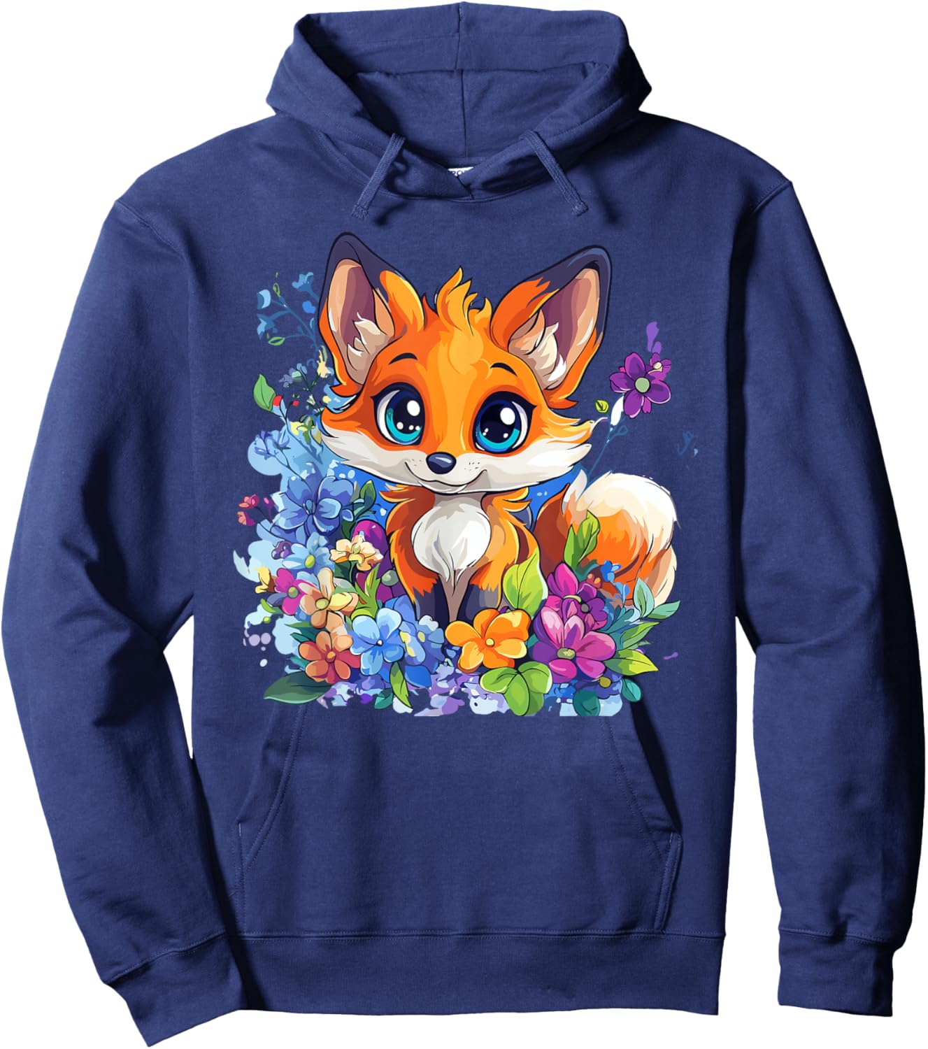 Cute Fox Surrounded by Flowers , Black, S Hoodie - Hoodie | Navy