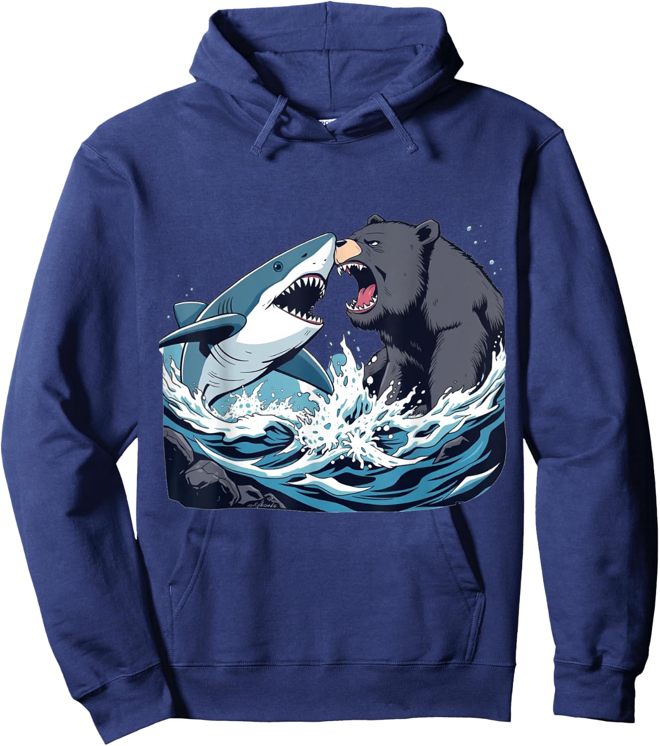 Shark vs Bear - Funny Comic Art Style Graphic Hoodie - Hoodie | Navy