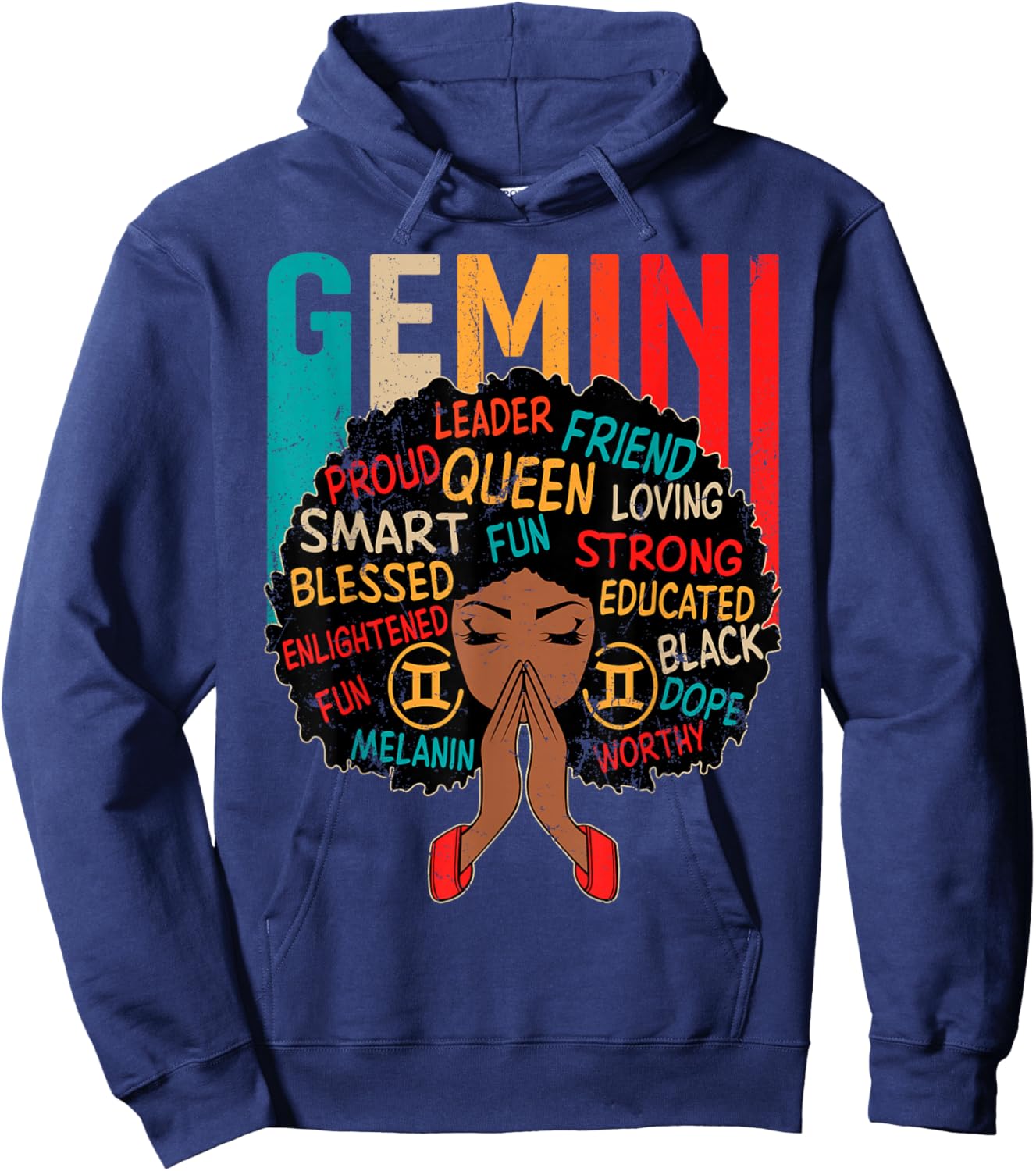 Gemini Queen Retro Afro Black Women Zodiac Sign Hoodie - Hoodie | Navy
