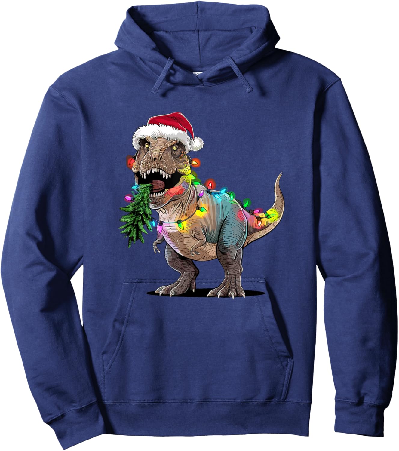 Christmas Tree Lights Santa Hat T-Rex Dinosaur Hoodie - Hoodie | Navy