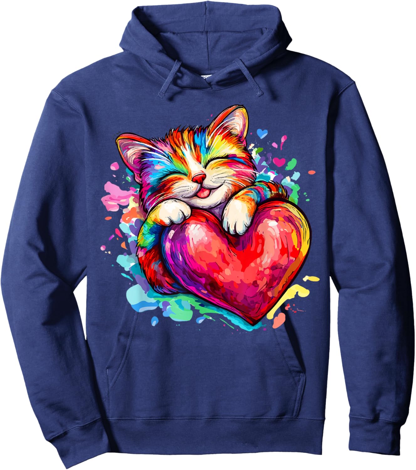 Cat Kitty Hugging Valentine Heart Rainbow Love Hoodie - Hoodie | Navy