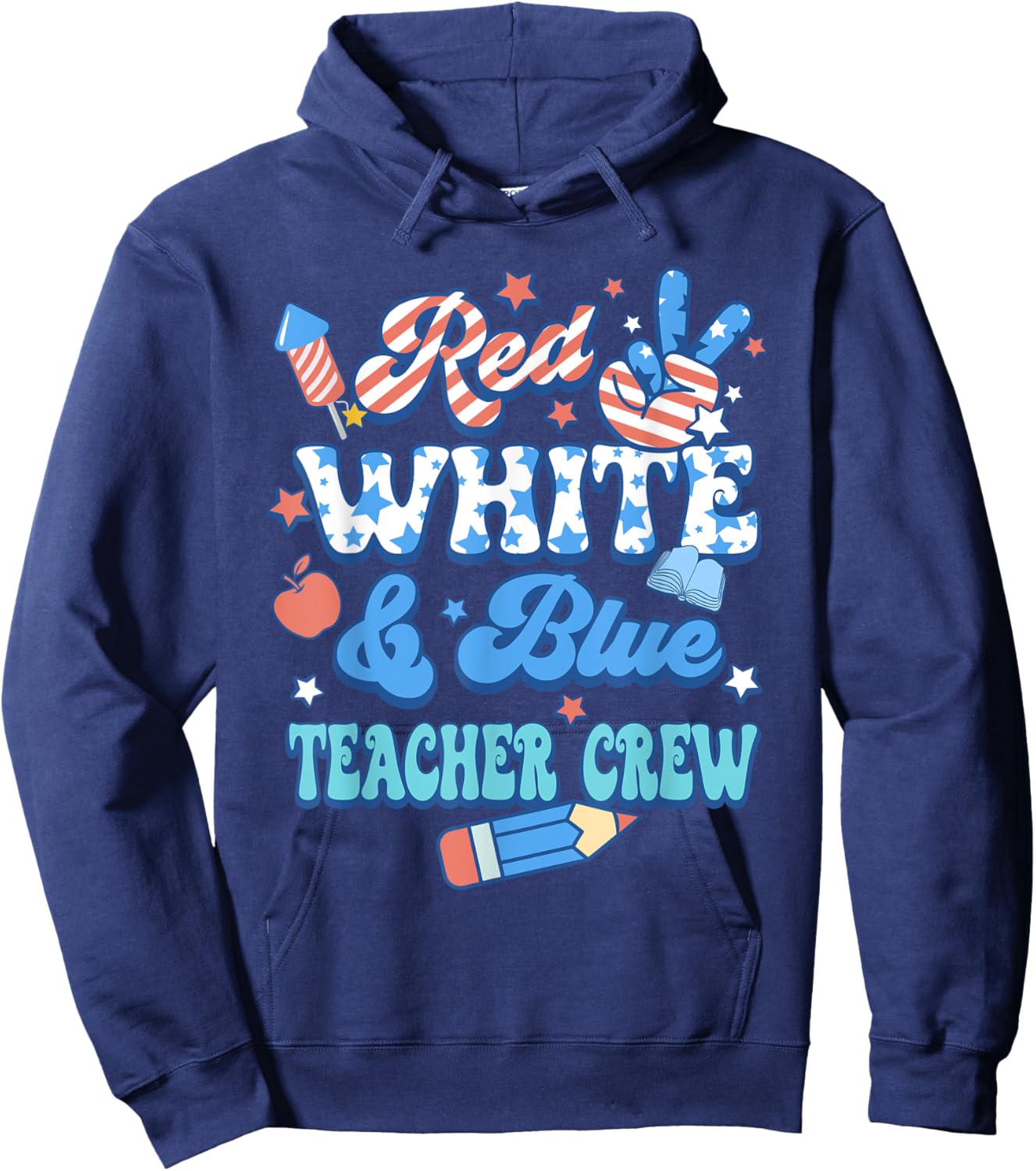 Groovy Red White Blue Teacher Crew 4th Of July Hoodie - Hoodie | Navy