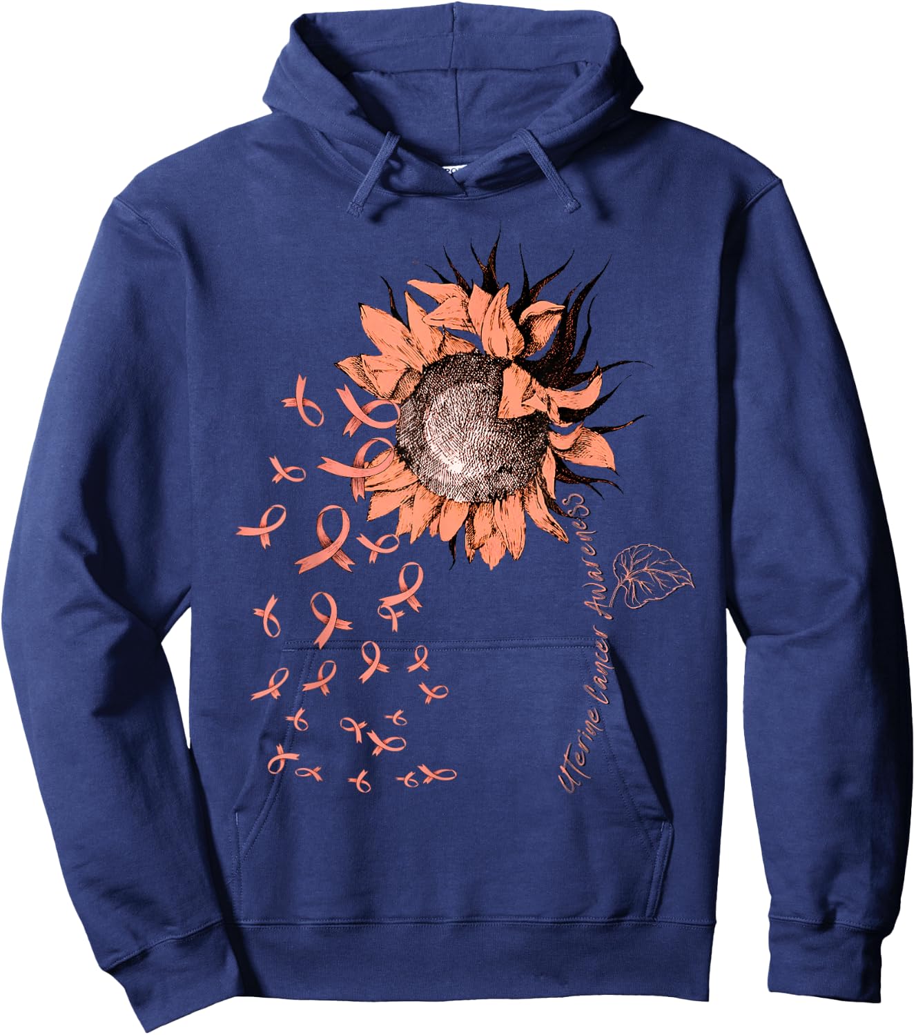 UTERINE CANCER Awareness Sunflower Peach Ribbon Hoodie - Hoodie | Navy