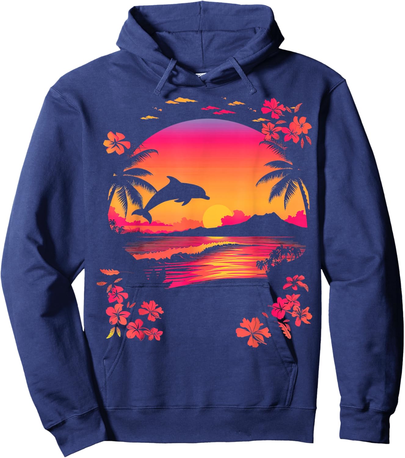 Tropical Sunset Dolphin Pink Beach Scene Hoodie - Hoodie | Navy