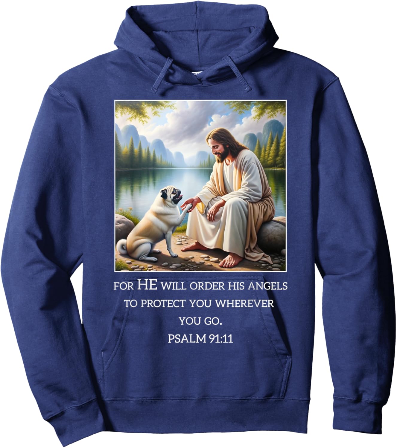 Jesus with Dogs Psalm 99 11- Jesus and a Pug Hoodie - Hoodie | Navy