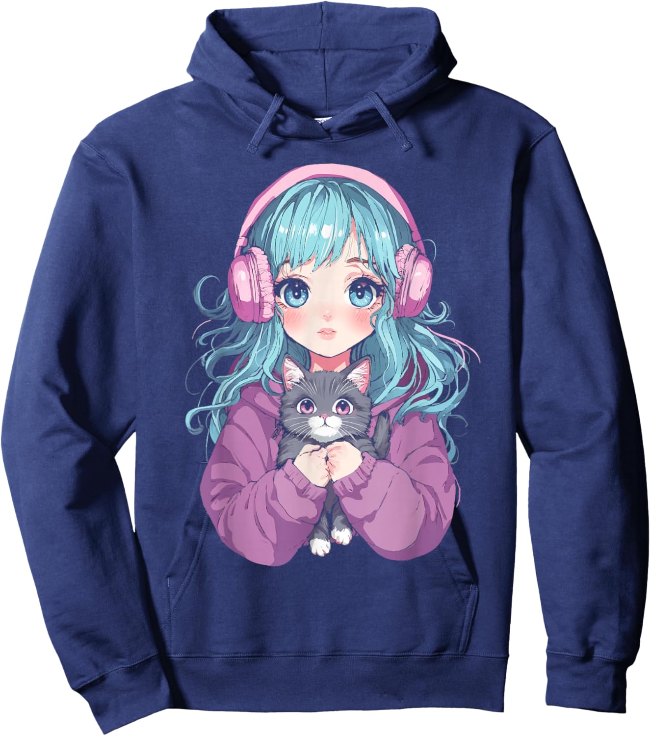 Anime Girl Cat Japanese Kawaii Teens Girls Hoodie - Hoodie | Navy