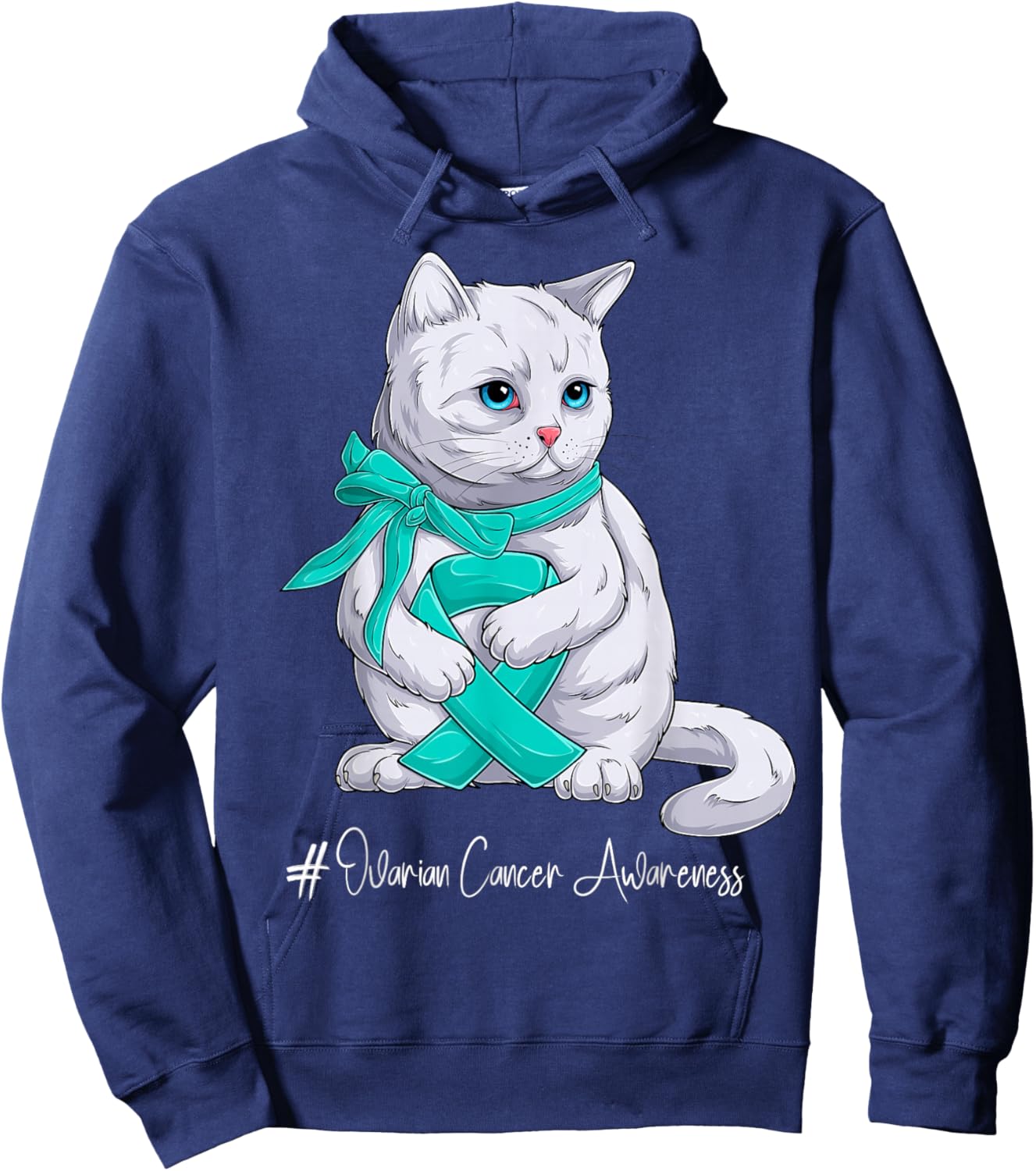 Ovarian Cancer Awareness Month Teal Ribbon Cat Hoodie - Hoodie | Navy