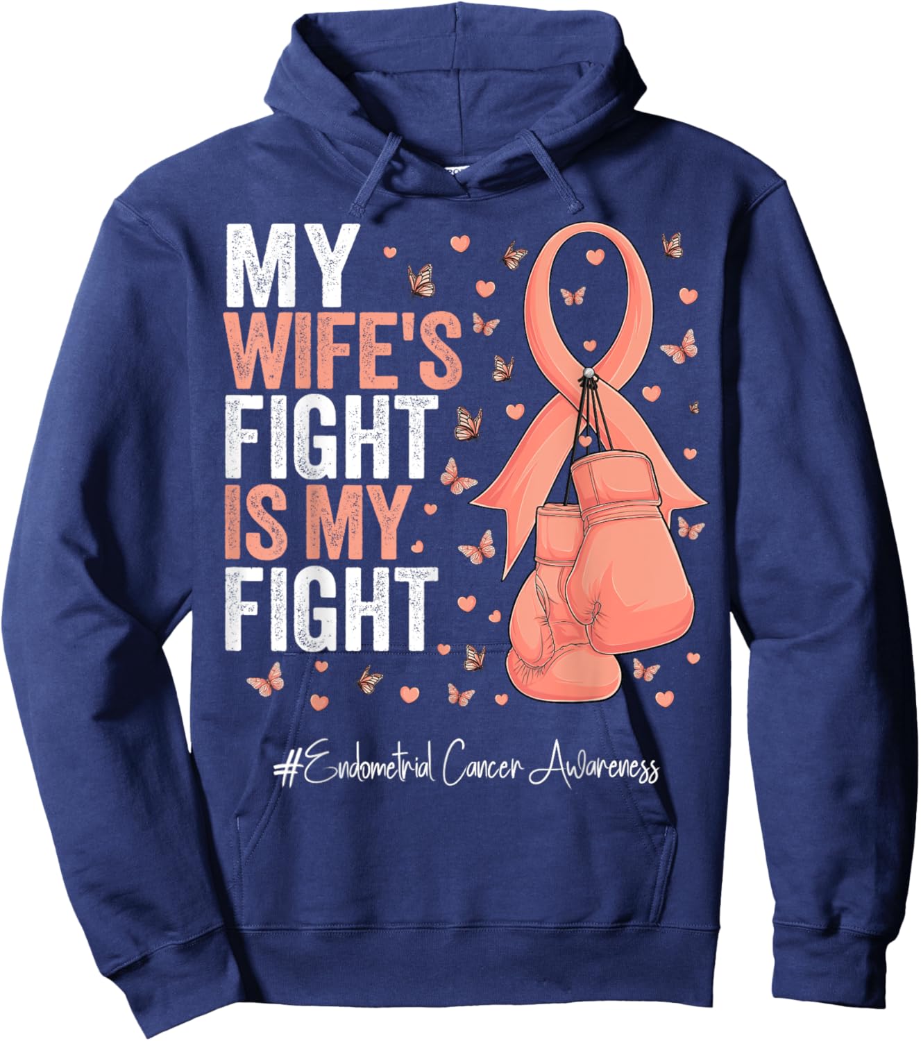 Peach Ribbon Wife Endometrial Cancer Awareness Hoodie - Hoodie | Navy