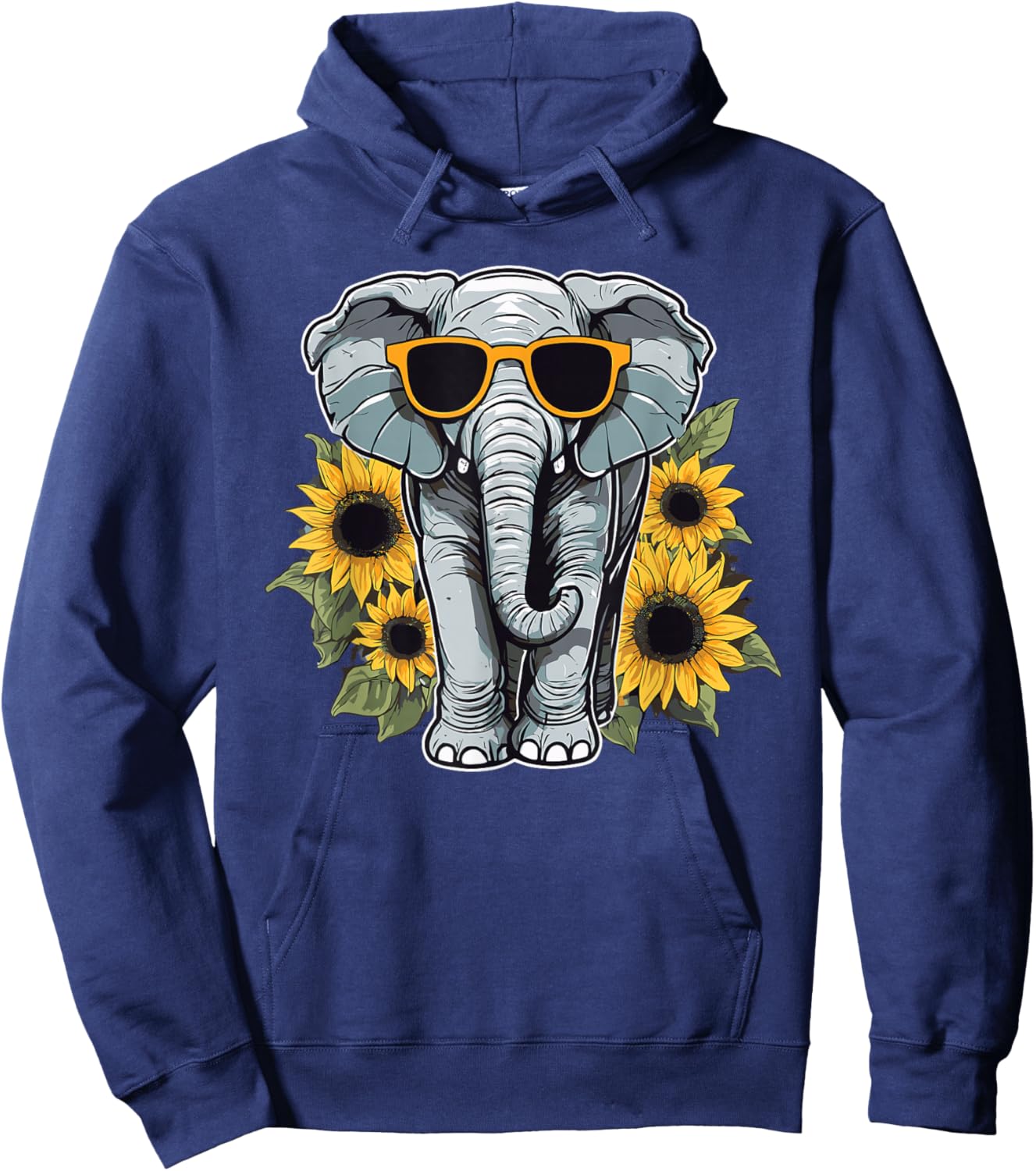 Elephant with Sunglasses and Sunflowers Hoodie - Hoodie | Navy