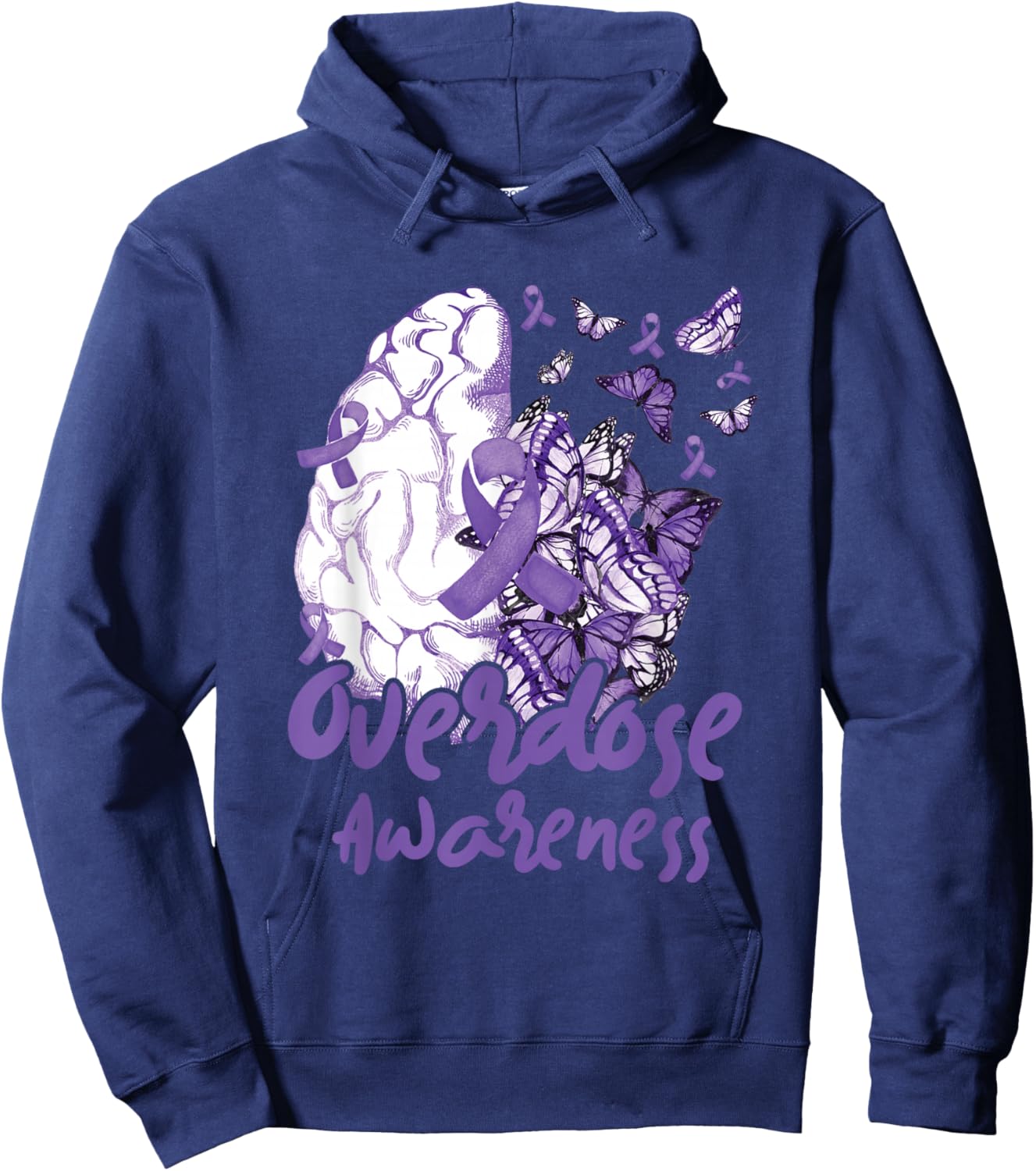 Overdose Awareness Purple Ribbon Drug Addiction Hoodie - Hoodie | Navy