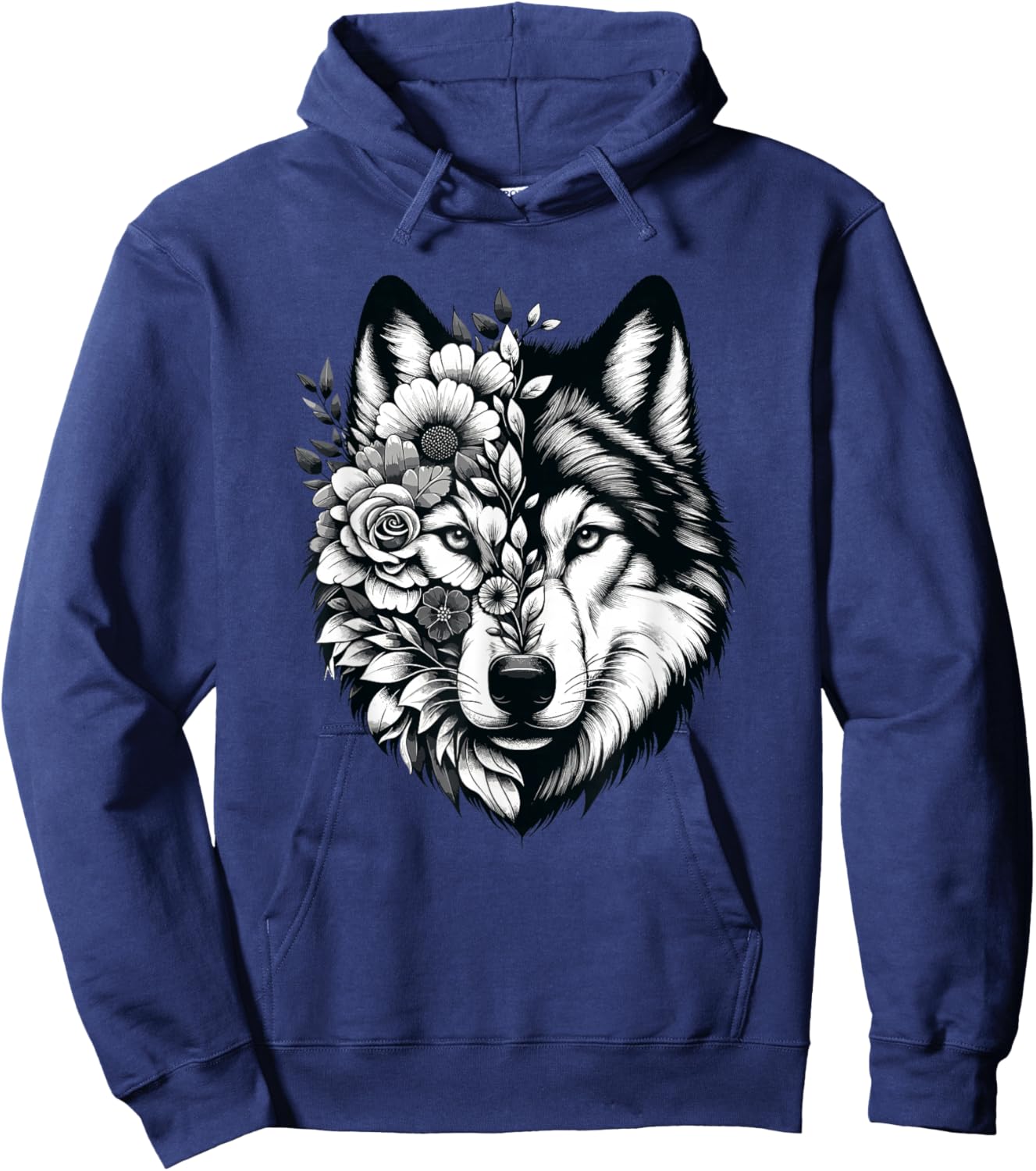 Wolf & Flowers, Wolf Graphic & Floral Wolf Face Hoodie - Hoodie | Navy
