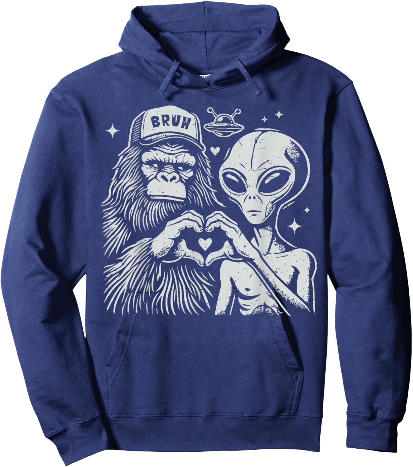 Vintage Funny Bigfoot and Alien Heart Hand Sign Hoodie - Hoodie | Navy