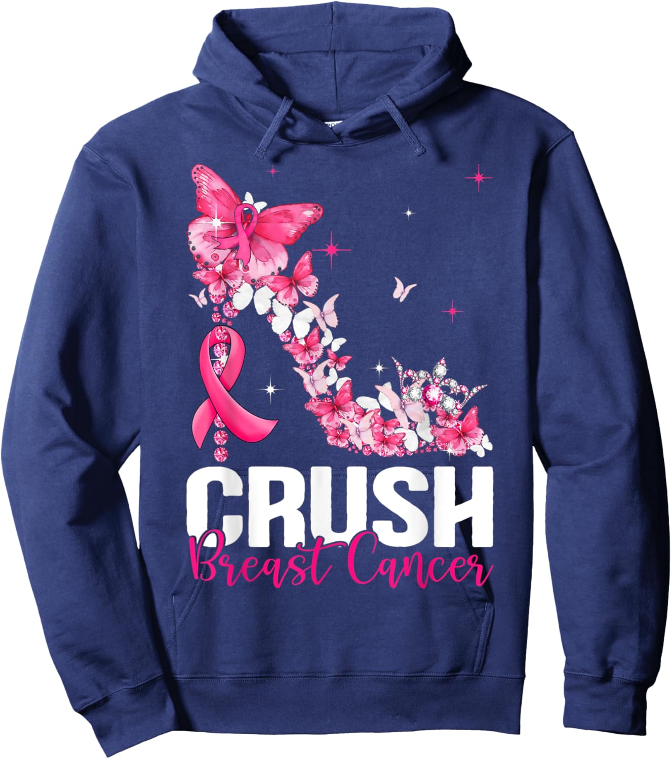 Crush Breast Cancer Awareness Bling Pink Ribbon Hoodie - Hoodie | Navy