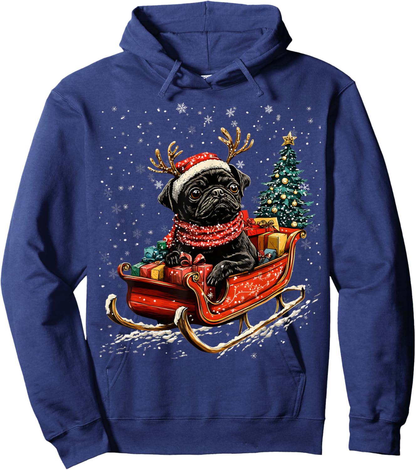 Santa Black Pug reindeer Light Christmas Hoodie - Hoodie | Navy