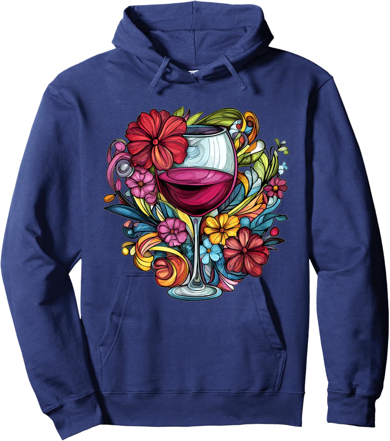 Elegant Wine Glass With Floral Blooms Hoodie - Hoodie | Navy
