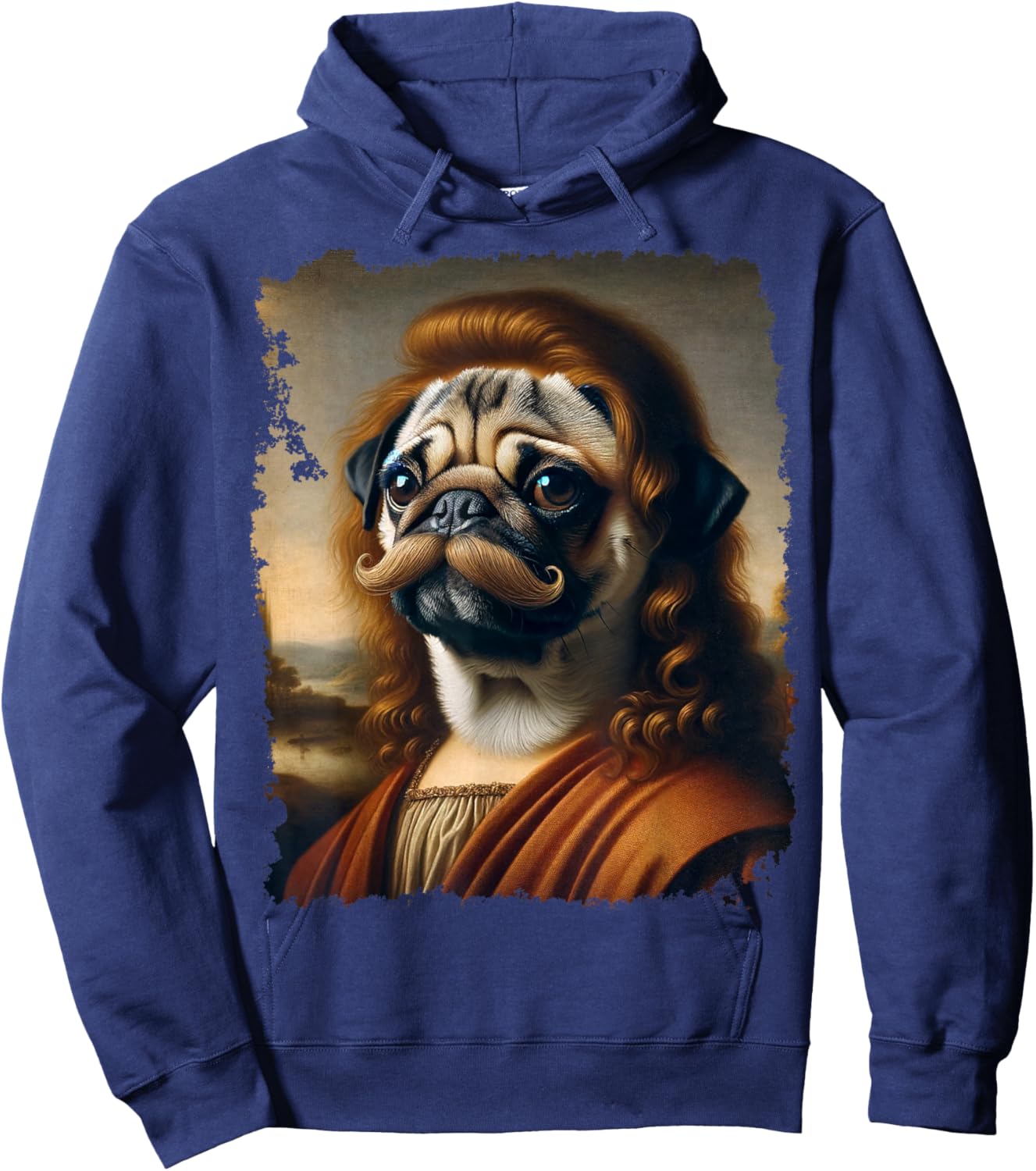 Renaissance Painting Pug Dog Mustache Hoodie - Hoodie | Navy