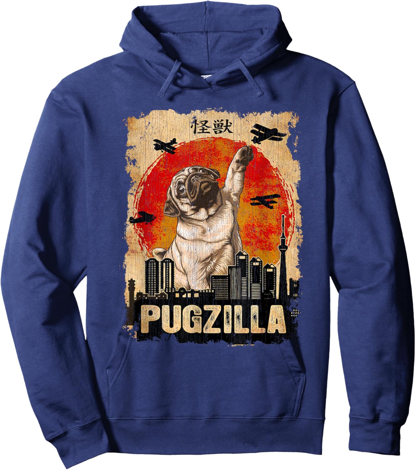 Japanese Kaiju Retro Vintage Funny Pugzilla Pug Hoodie - Hoodie | Navy