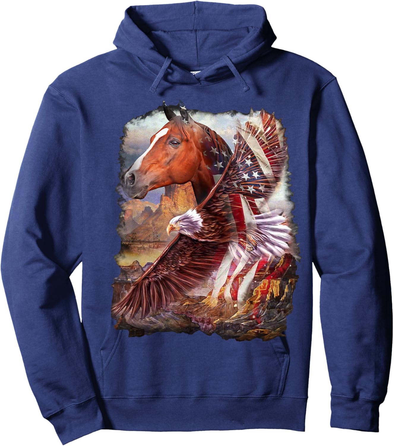 Horse American Flag and Bald eagle Hoodie - Hoodie | Navy