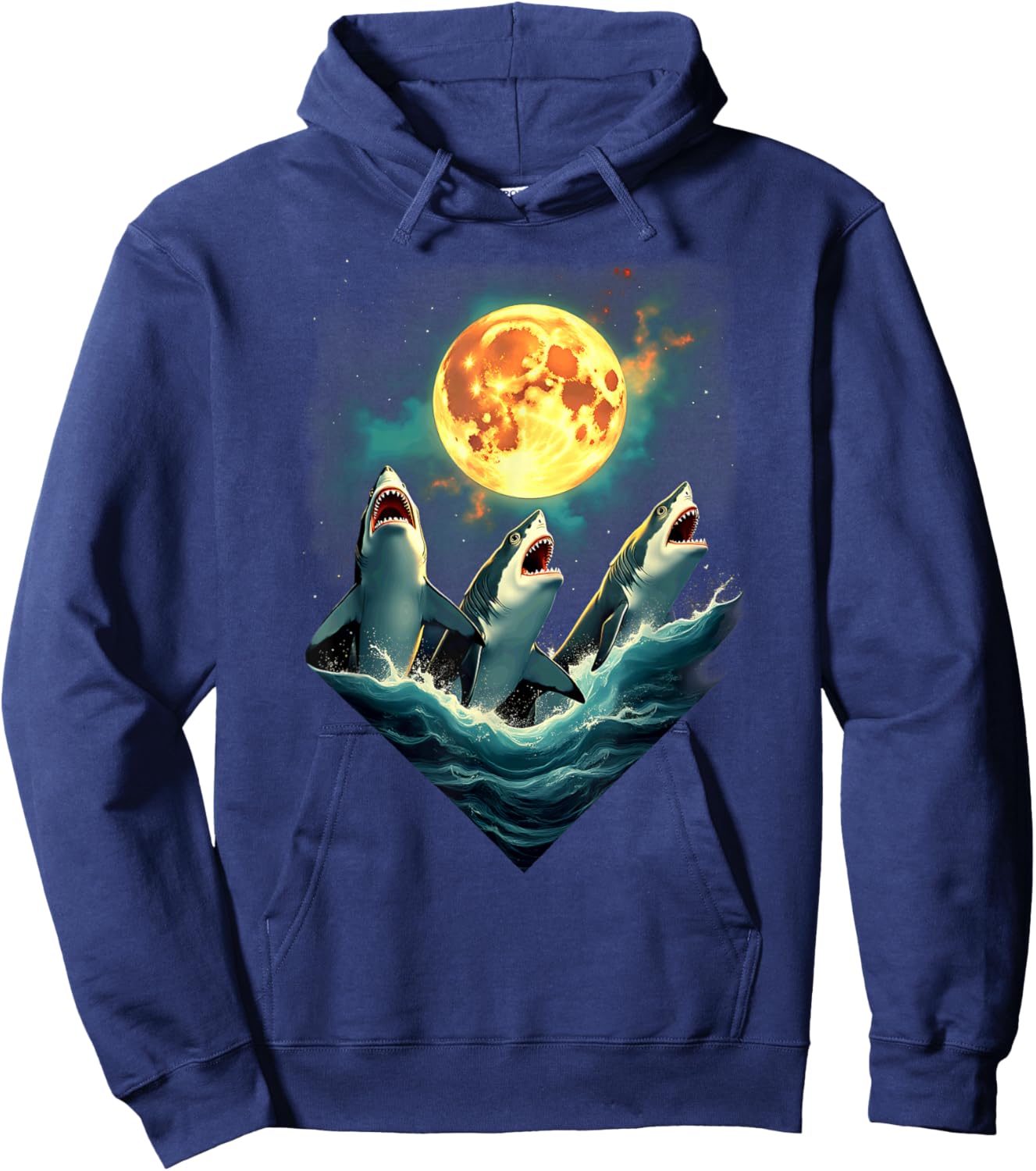 Aesthetic 3 Sharks Howling At The Moon Hoodie - Hoodie | Navy