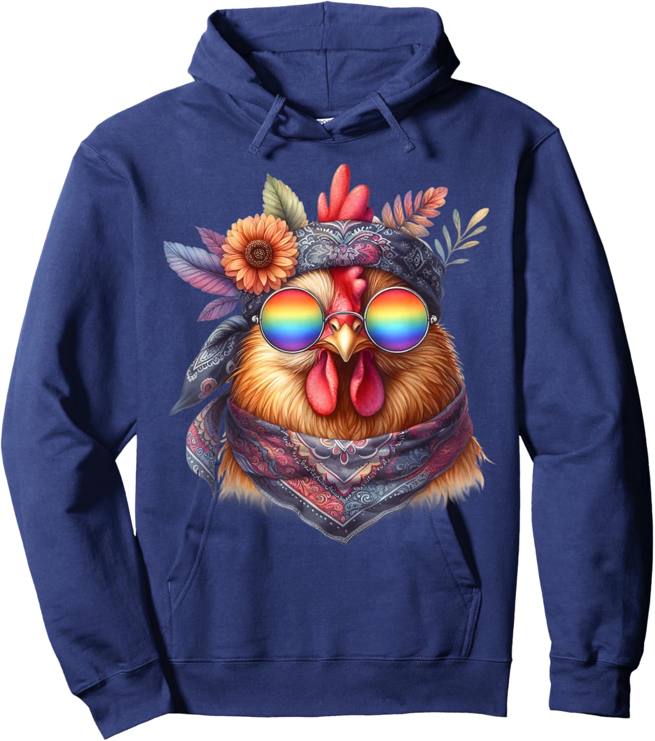 Cute Hippie Chicken with Glasses and Bandana Hoodie - Hoodie | Navy